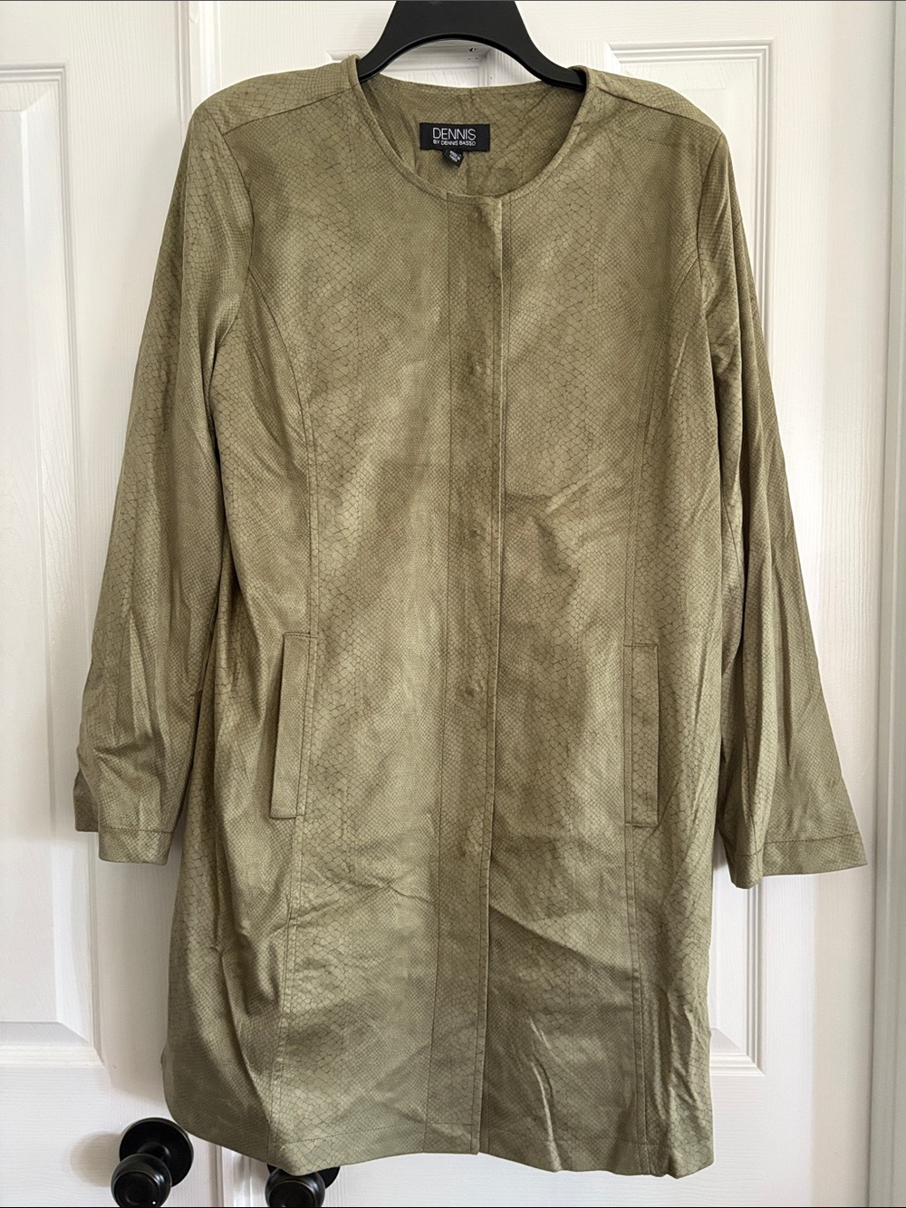 Dennis Basso olive Green Faux Suede Long Coat with pockets reptile print Size L
